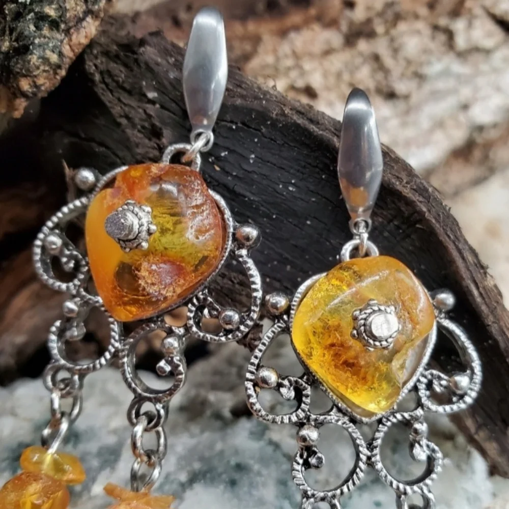 Amber Jewelry DANGLING CHANDELIERS NATURALAMBER STONES SILVER EARRINGS